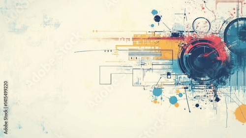 Abstract Technical Schematic with Geometric Shapes and Splattered Paint