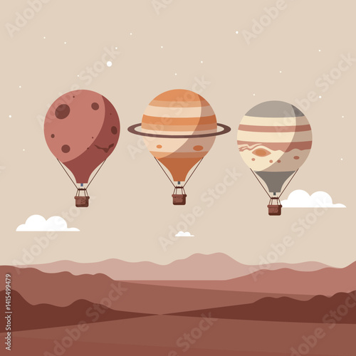 Three planet-themed hot air balloons floating over desert landscape flat design vector illustration