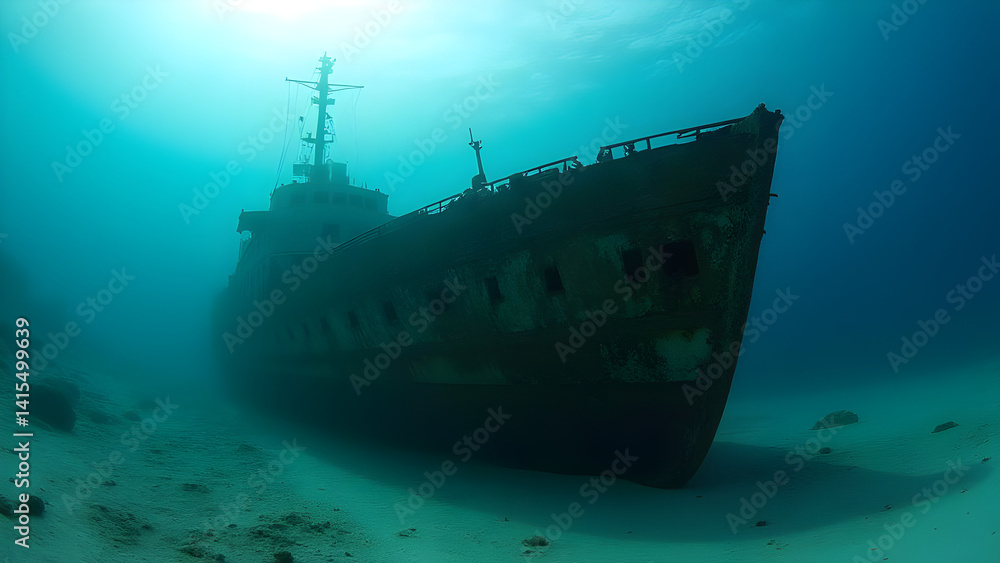 Underwater Shipwreck: Shipwreck Resting on Seabed - Ideal for Marine History, Diving, and Underwater Exploration Underwater Shipwreck: Shipwreck Resting on Seabed - Ideal for Marine History, Diving, and Underwater Exploration