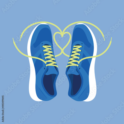 Blue running shoes with yellow laces forming heart shape flat minimal vector illustration