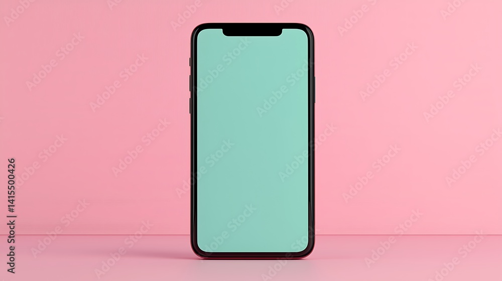Mobile Device Mockup on Pink Backdrop: Sleek Modern Phone with Mint Green Screen for App Presentation and UI/UX Design, Mobile Device Mockup on Pink Backdrop: Sleek Modern Phone with Mint Green Screen for App Presentation and UI/UX Design,