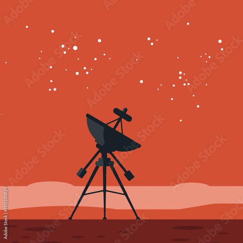 Satellite dish antenna on tripod observing starry night sky with minimal flat vector illustration