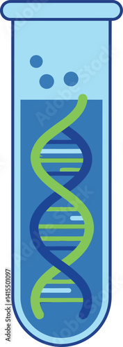 DNA double helix inside transparent test tube with blue liquid in flat style vector illustration