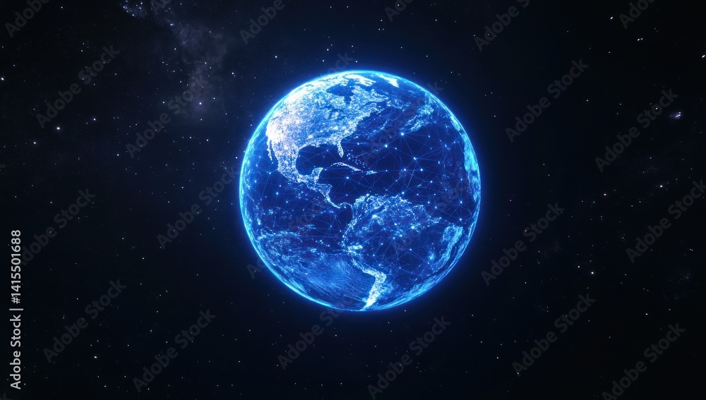 Blue earth globe with glowing continents in a dark space background. Blue earth globe with glowing continents in a dark space background.