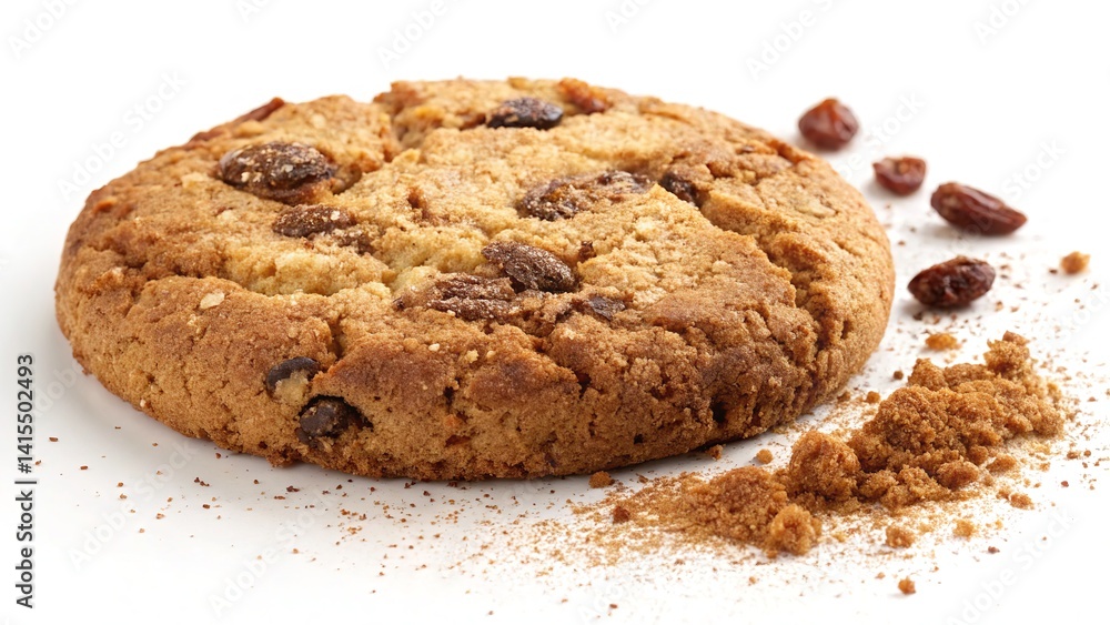 A close-up shot of a golden, freshly baked raisin cookie with scattered crumbs. A close-up shot of a golden, freshly baked raisin cookie with scattered crumbs.