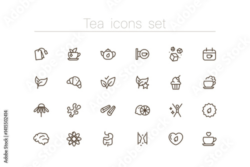 Tea, coffee, tea pot, tea party, teabag and so on. Set of line stroke set of tea icons. Premium symbols, editable objects and pictograms isolated on white background.