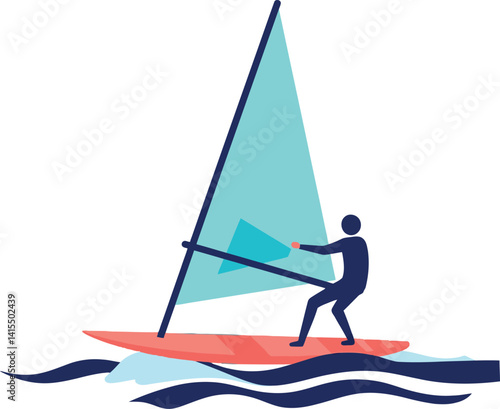 Windsurfer balancing on red board with teal sail in stylized flat vector art