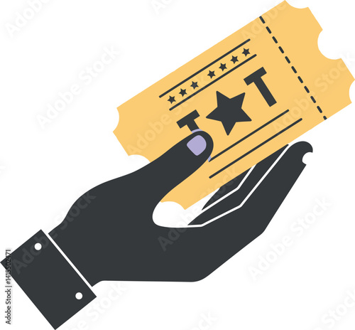 Hand holding yellow raffle ticket with star symbol flat minimal vector illustration