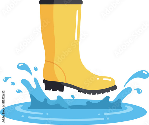 Yellow rubber rain boot splashing water puddle flat colorful vector illustration