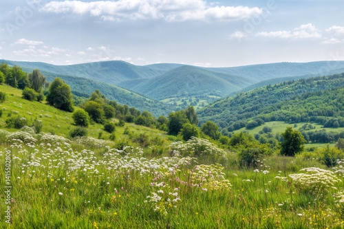 Obraz na płótnie This image depicts a lush, green landscape with rolling hills covered in trees and flowers w salonie