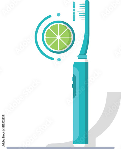 Electric toothbrush with lime slice and water splash minimal flat design vector illustration