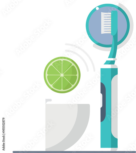 Electric toothbrush with lime slice and white cup in minimal flat style vector illustration
