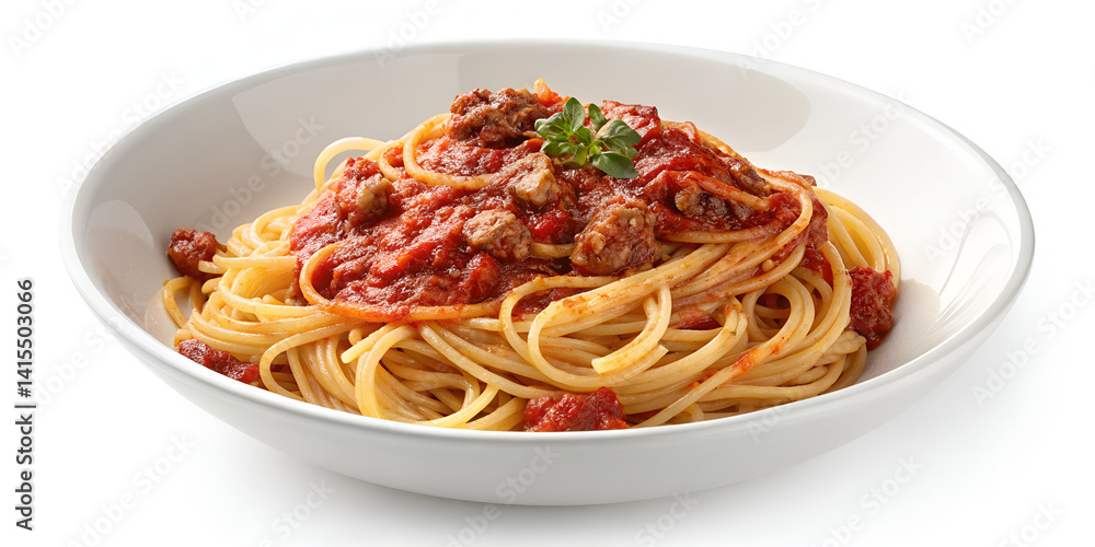 Spaghetti with Meat Sauce and Parmesan in White Bowl – Italian Pasta Dish Isolated on White Background Spaghetti with Meat Sauce and Parmesan in White Bowl – Italian Pasta Dish Isolated on White Background