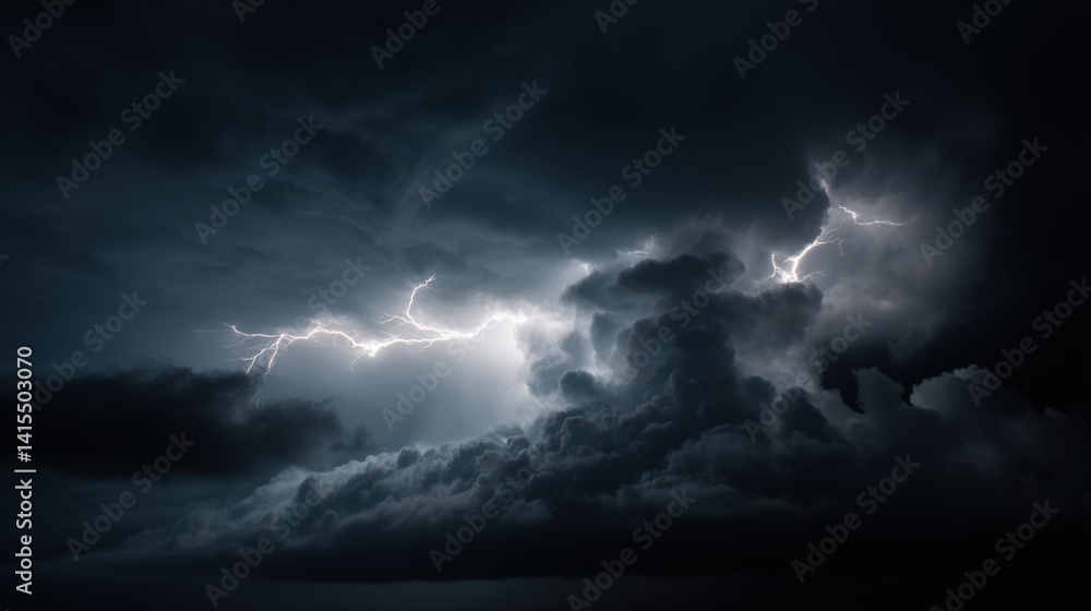 Dramatic branching lightning bolts illuminate dark clouds in a stunning display of electric energy against a black background Dramatic branching lightning bolts illuminate dark clouds in a stunning display of electric energy against a black background