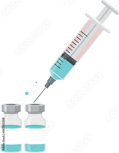 Medical syringe with needle injecting liquid into glass vials flat style vector illustration