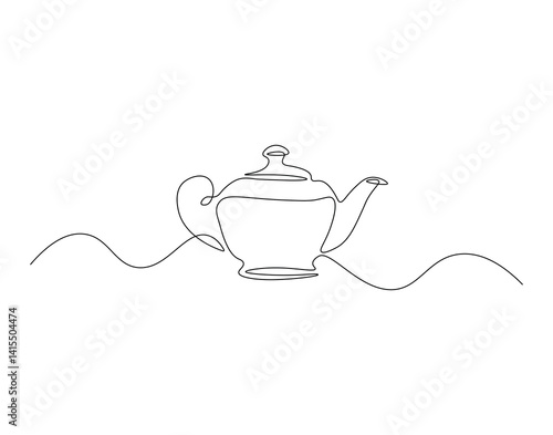 Teapot outline drawing illustration. Continuous line draw of kitchen equipment vector.