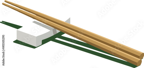 Wooden chopsticks resting on white ceramic holder with green accent flat minimal vector illustration