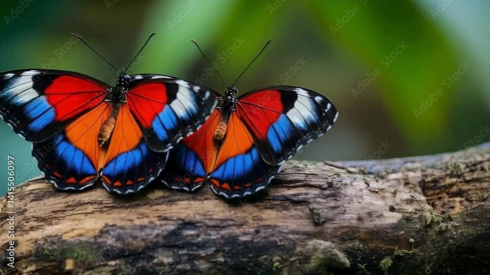 Two Crimson-patched Butterflies Resting on a Log in a Lush Green Forest ,Video 4K