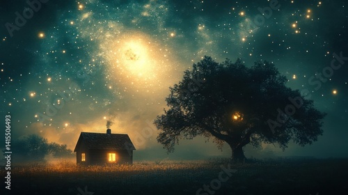 A cozy little house nestled in a mystical night landscape under a starlit sky