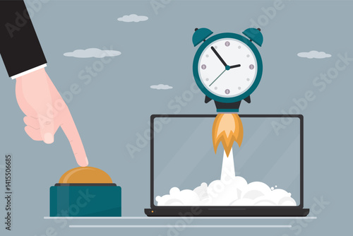 Businessman hand push start button and launching alarm clock rocket, fast flight from laptop. Fast time stop watch, limited offer, deadline. Marketing, promotion campaign