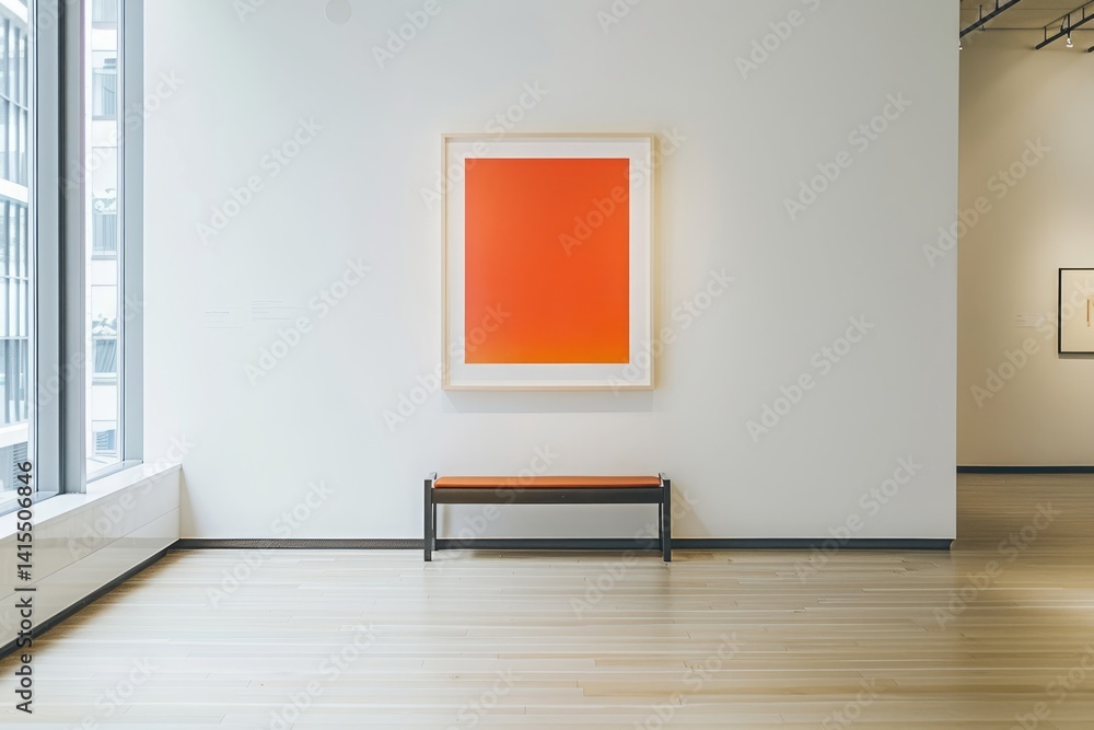 Minimalist Art Display with Orange Canvas in Modern Gallery Space