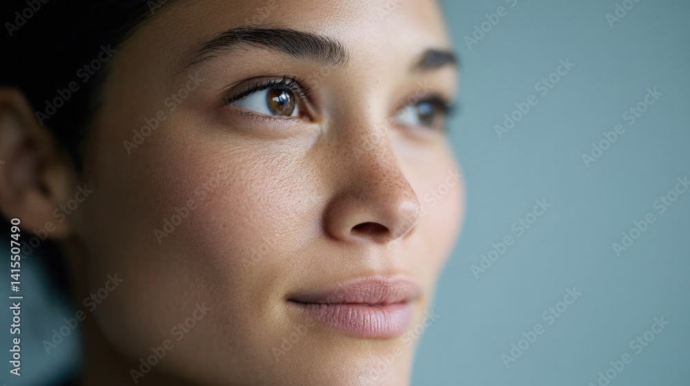 close-up photograph of serene face eyes staring into distance with peaceful determination set against soft muted background close-up photograph of serene face eyes staring into distance with peaceful determination set against soft muted background