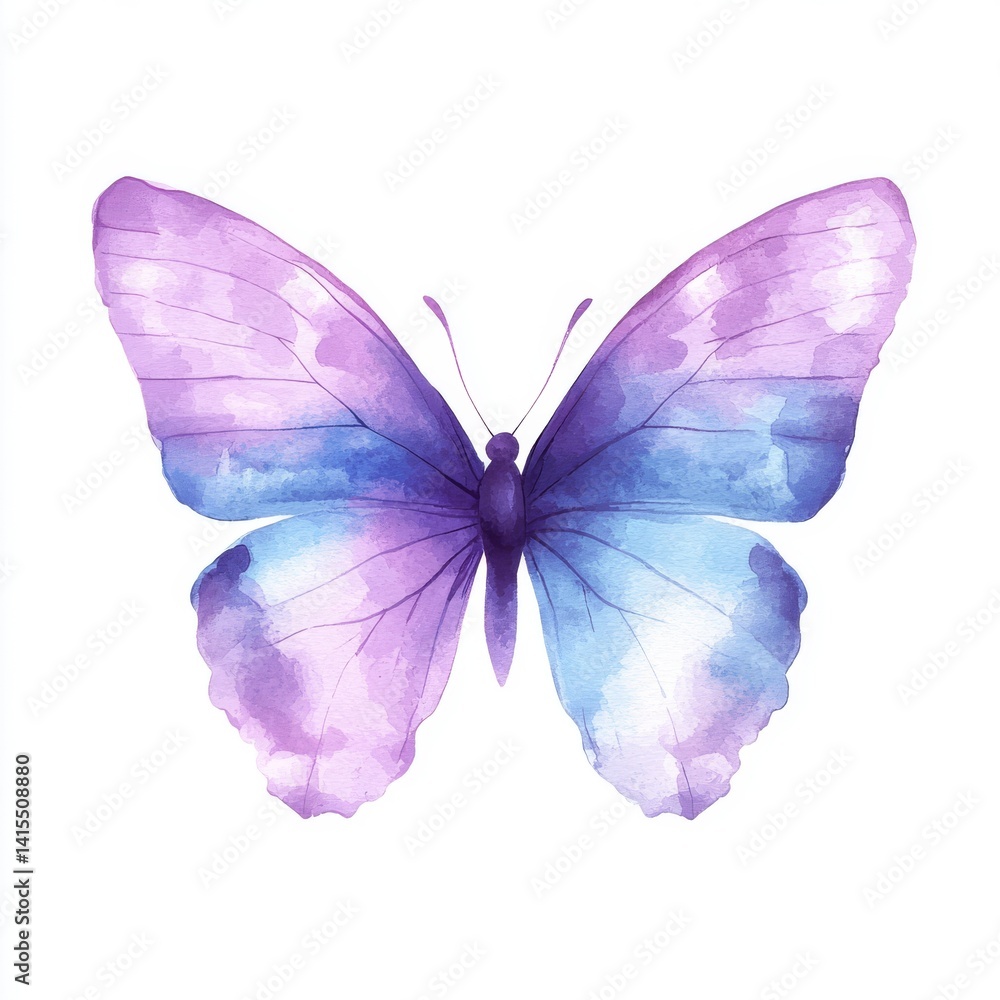Obraz premium Watercolor painting of a purple butterfly set against a solitary white backdrop