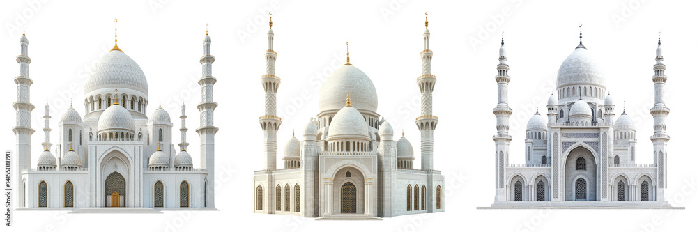 Fototapeta premium White domed mosques and Islamic architecture isolated on transparent PNG image perfect for cultural education or religious visuals