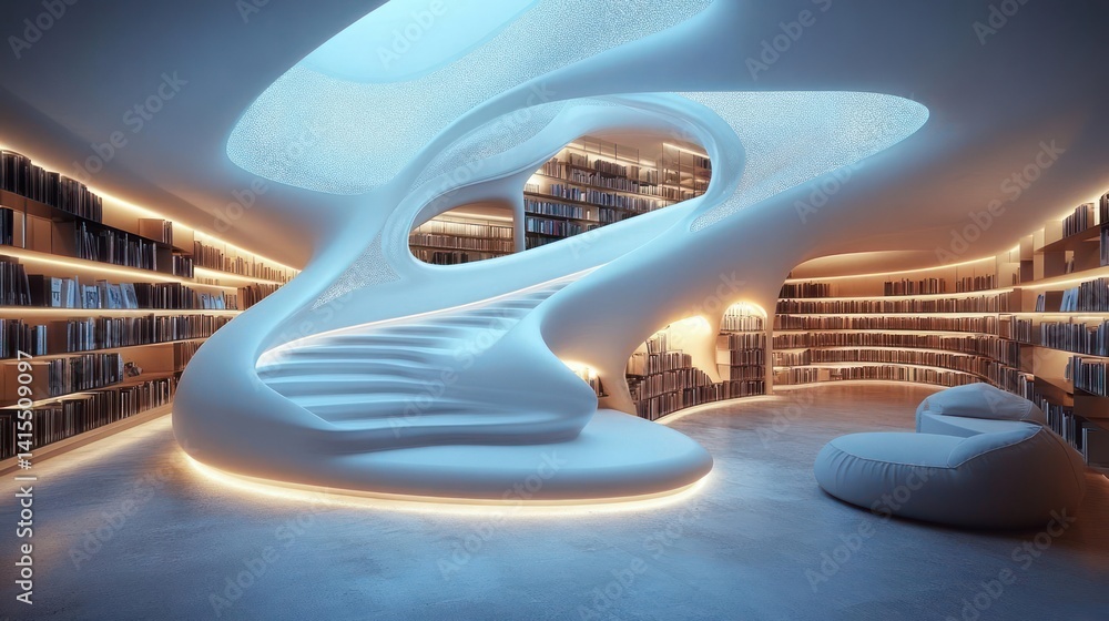 Fototapeta premium Modern, swirling library with a unique, light-filled design
