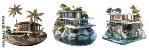 Overwater villas and beach resorts isolated on transparent PNG image perfect for luxury travel advertisements or tropical guides