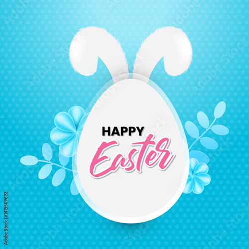 Happy Easter Blue banner website. Place for text. greeting card, poster, flyer, Social Media Post. Festive Easter Background. Trendy Easter day design. Egg Hunt backdrop. Egg with Bunny Ears.