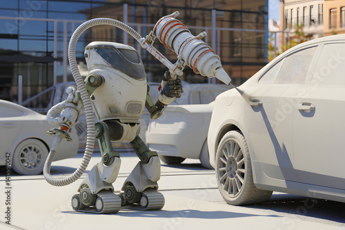 Innovative Painter Robot Enhancing Automotive Aesthetics with Precision Spraying Technology in a Modern Garage Environment