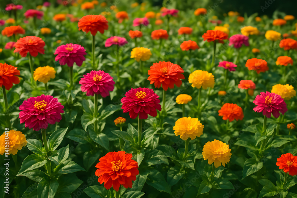 Colorful Flower Field with Vibrant Zinnias in Full Bloom Colorful Flower Field with Vibrant Zinnias in Full Bloom