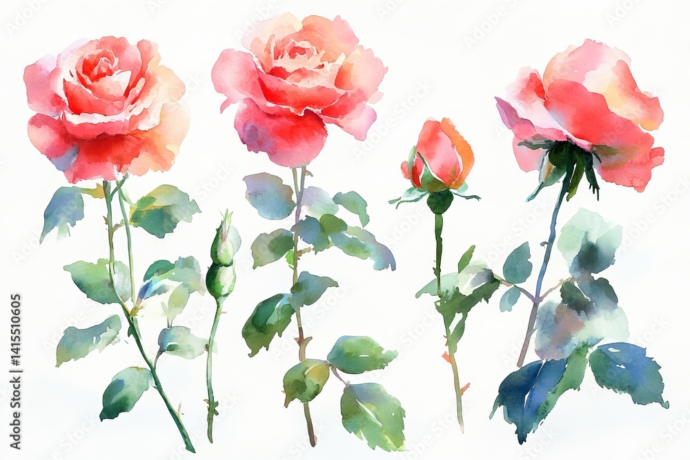 Obraz premium Isolated on a white background, the image showcases roses, presented in a watercolor clipart style, combined with hand drawing and botanical illustration