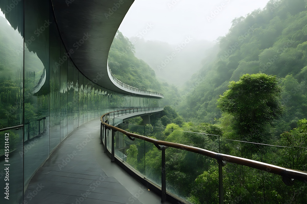 Obraz premium Serene curved walkway amidst misty mountains, showcasing modern architecture and lush greenery.