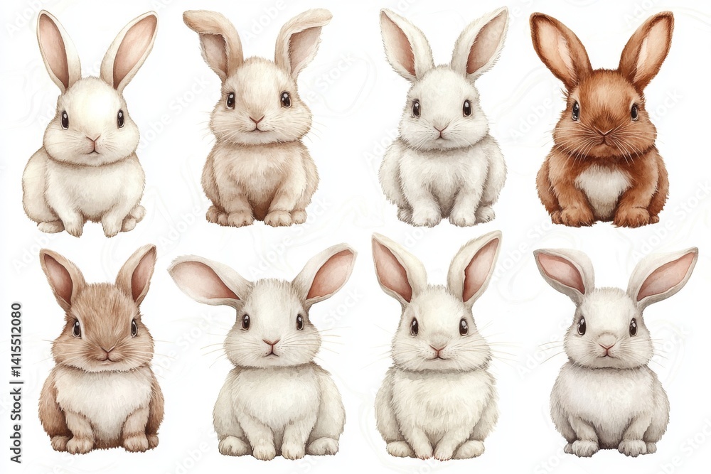 Bunnies are depicted on an isolated white background in a watercolor illustration featuring a rabbit and paint splatter Bunnies are depicted on an isolated white background in a watercolor illustration featuring a rabbit and paint splatter