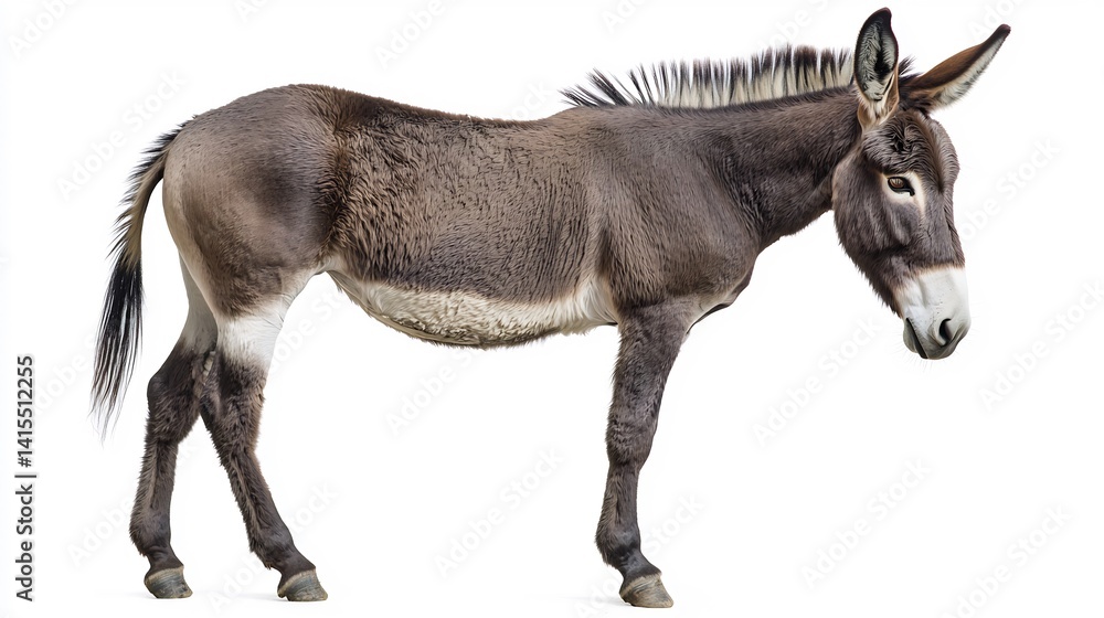 Obraz premium Donkey isolated on a white background with its floppy ears and soft fur highlighted in intricate detail