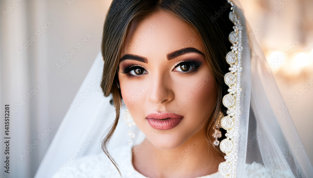 portrait of a bride, Turkish woman with glamorous makeup, elegant hairstyle, and sparkling earrings. Soft lighting and minimal background enhance the luxurious and refined wedding atmosphere portrait of a bride, Turkish woman with glamorous makeup, elegant hairstyle, and sparkling earrings. Soft lighting and minimal background enhance the luxurious and refined wedding atmosphere