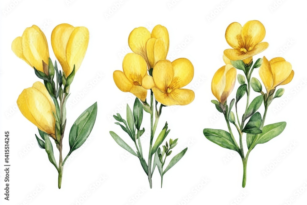 Fototapeta premium Tropical flowers in watercolor style are isolated on a white background, featuring a botanical painting of a floral set with yellow freesia and orchid