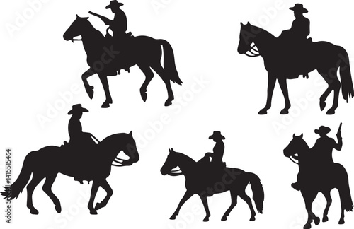 a group of silhouettes of people riding horses and horses