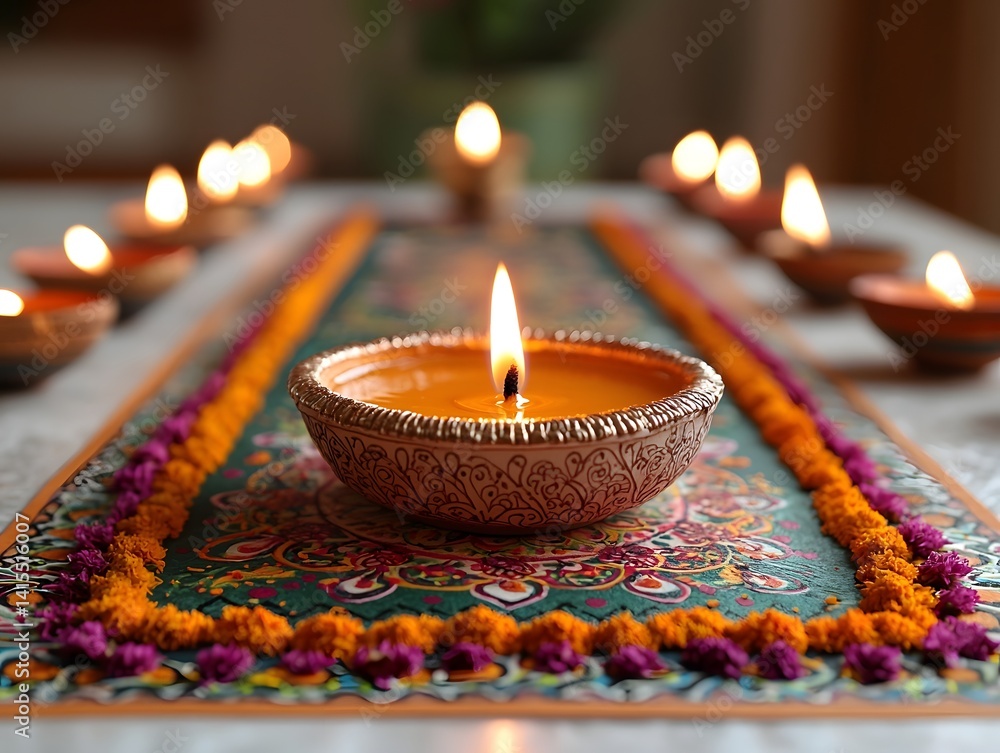 Vibrant Diwali with Glowing Diya and Colorful Rangoli