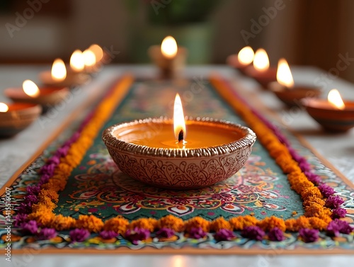 Obraz na płótnie Vibrant Diwali with Glowing Diya and Colorful Rangoli w salonie