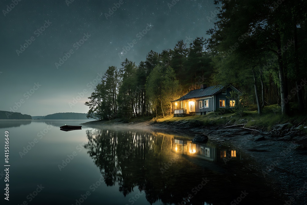 Fototapeta premium A cozy cabin glows warmly by the tranquil lake under a starlit night sky, offering a peaceful escape.