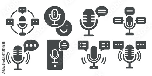 Microphone icons show sound recording voice messages podcast communication and audio streaming concepts in simple black and white style