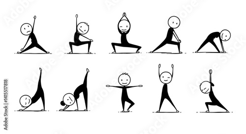 Stickman Yoga Poses Vector Set	Vector illustration set of stickman characters in various yoga poses like warrior and tree pose. Ideal for wellness blogs, fitness content, and health apps
