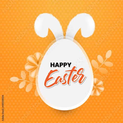 Happy Easter Orange banner website. Place for text. greeting card, poster, flyer, Social Media Post. Festive Easter Background. Trendy Easter day design. Egg Hunt backdrop. Egg with Bunny Ears.