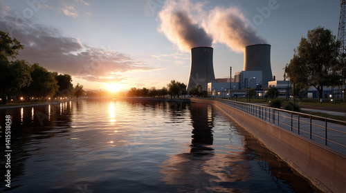 A power station with twin cooling towers releases steam beside a tranquil lake under a dramatic sunset sky, reflecting energy themes.