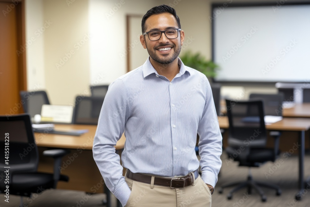 Fototapeta premium Man smiling in office setting with table chairs and projector screen.