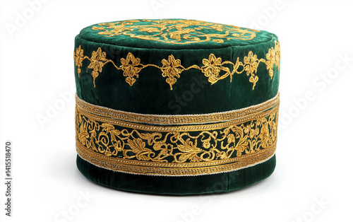 Green and Gold Kufi with Fine Stitching Isolated on white background. Isolated on white background. Isolated on white background.