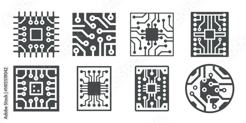 Different black microchip icons show electronic circuit board patterns in various shapes and layouts for technology design use